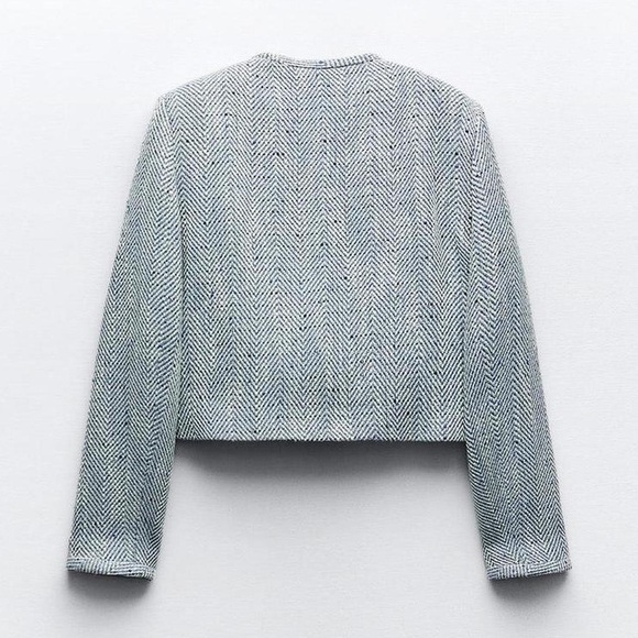 Zara blue & white cotton tweed herringbone blazer jacket - size Small (S) NWT - Picture 3 of 8